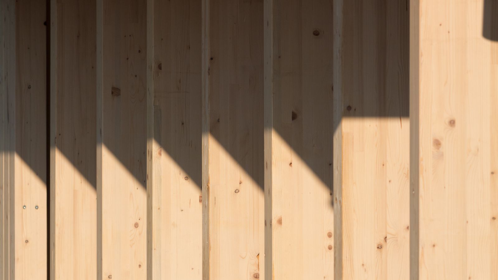 Holzfassade mit Schattenwurf der Konstruktion im Sonnenlicht