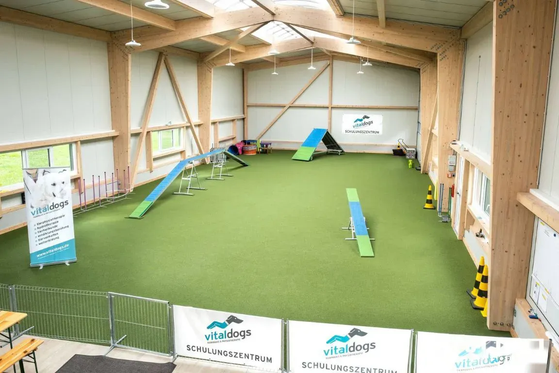 The Vitaldogs training hall in Bedburg with artificial turf flooring, agility ramps, vitaldogs banners and a timber structure with a ribbon window.